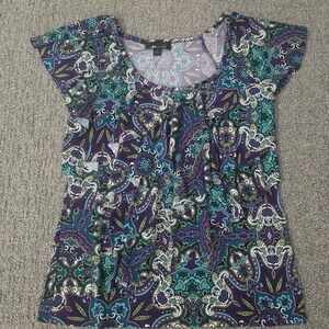 AB Studio Purple Paisley Stretch Top Size S Y2K Boho Psychedelic Retro